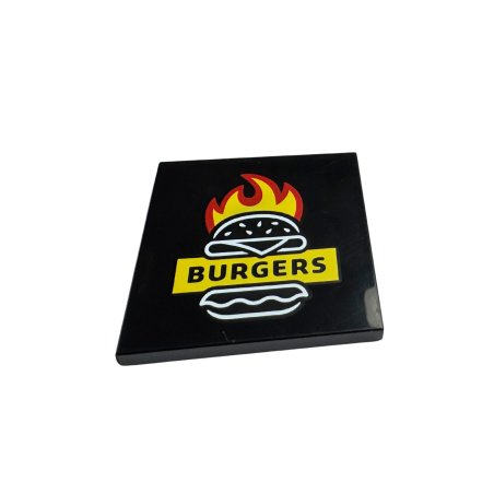 1751pb012 Tile 4x4 with Red and Yellow Flames White Burger Outline and 'BURGERS' Pattern - Black