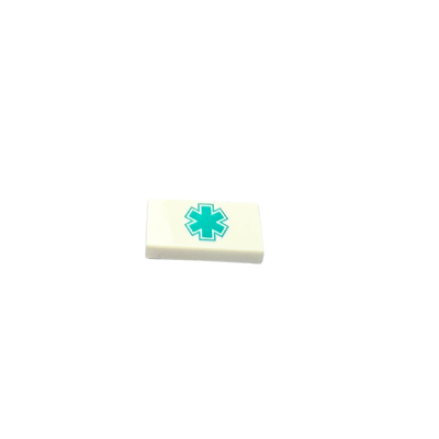 3069pb1170 Tile 1x2 with Dark Turquoise EMT Star of Life Pattern - White